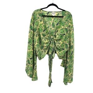 Silk Tie Front Crop Blouse Bell Sleeve L Green Floral Boho Indie Fairy Festival